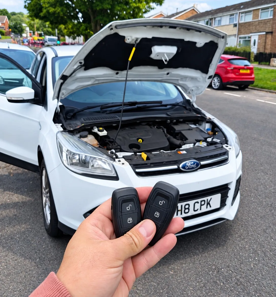 Two new keys programmed on-site after all keys lost — Ford with bonnet open