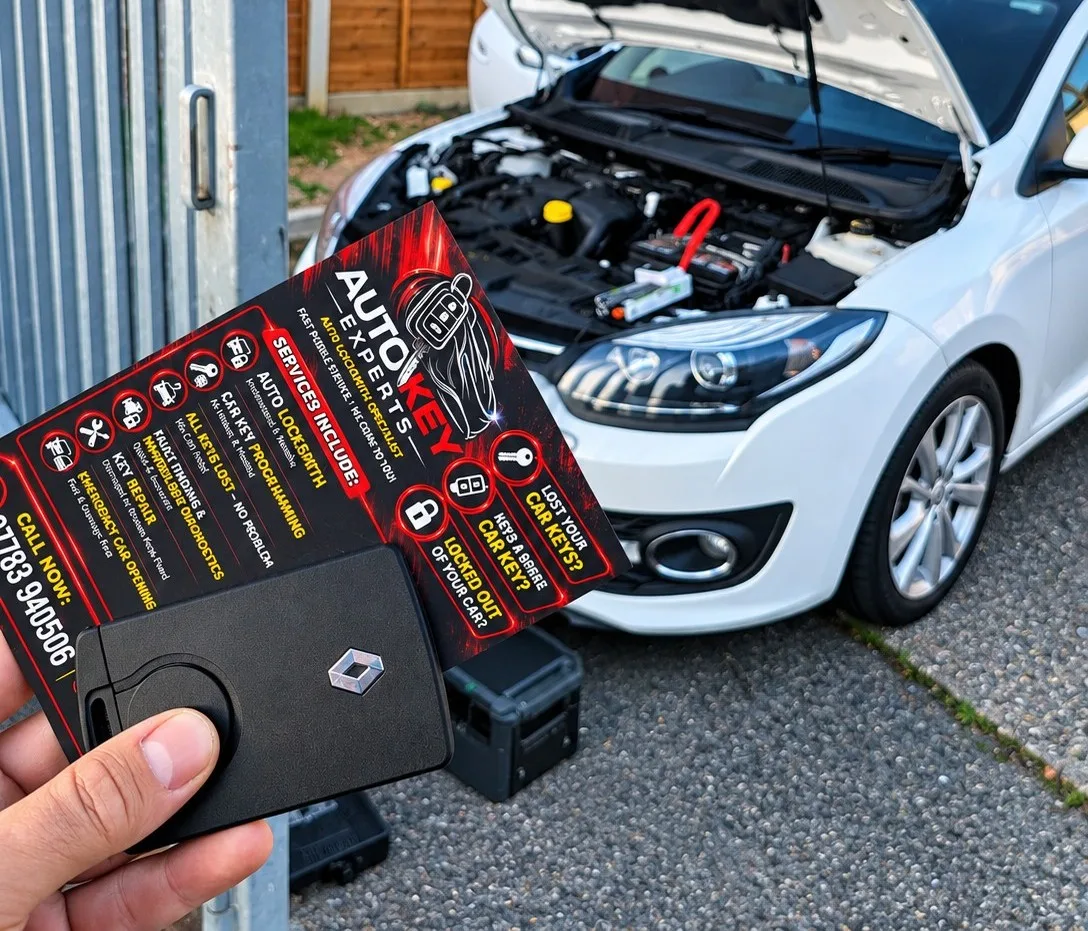Auto locksmith on-site — Renault with bonnet open, new key and business card