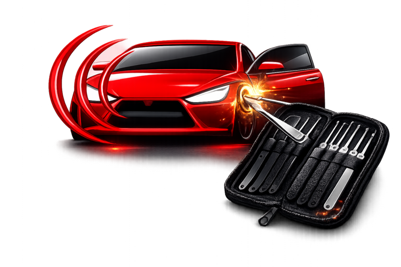 Red sports car with lockpick tools for emergency car opening