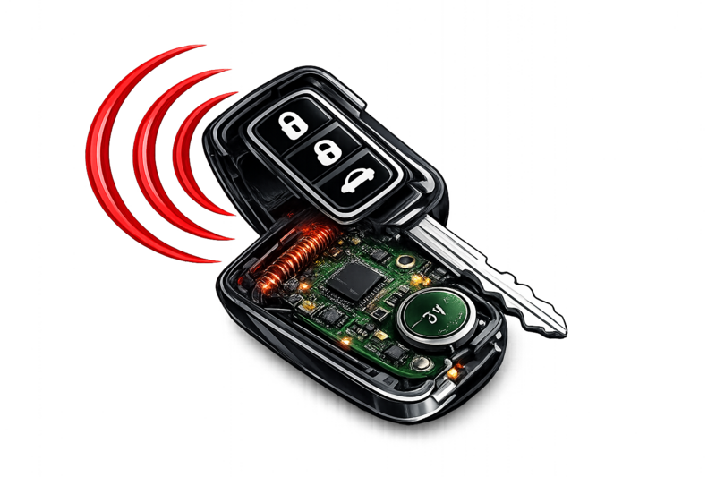Opened car key fob showing PCB circuit board internals