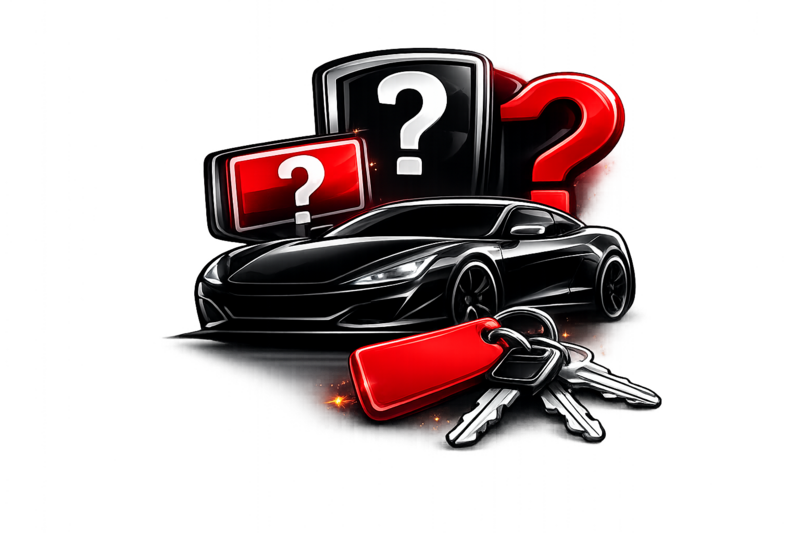 Black car with red question marks representing lost keys